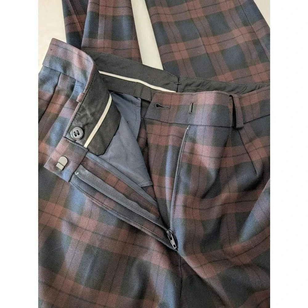 JIGSAW Womens Plaid Trousers Navy Brown Slim‎ Fit Career Pants Size US 8